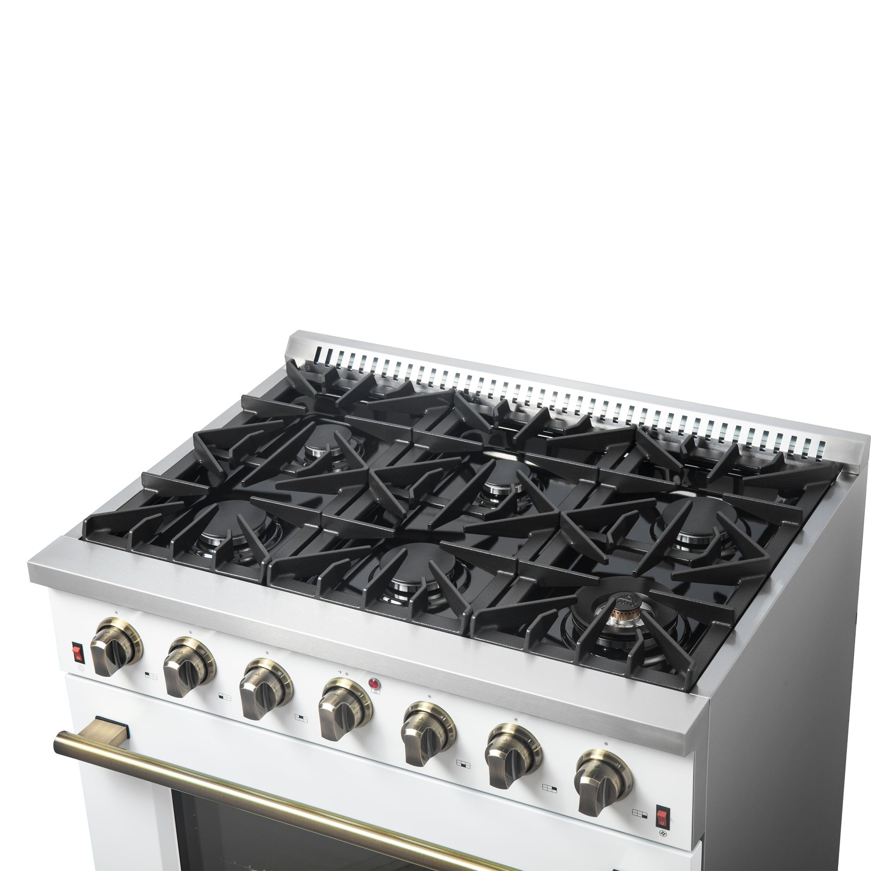 Forno Galiano 36-inch Freestanding Gas Range in White with Antique Brass Design, 6 Burners, 83,000 BTU, 5.36 cu.ft. Convection Oven - BonPrix Électroménagers