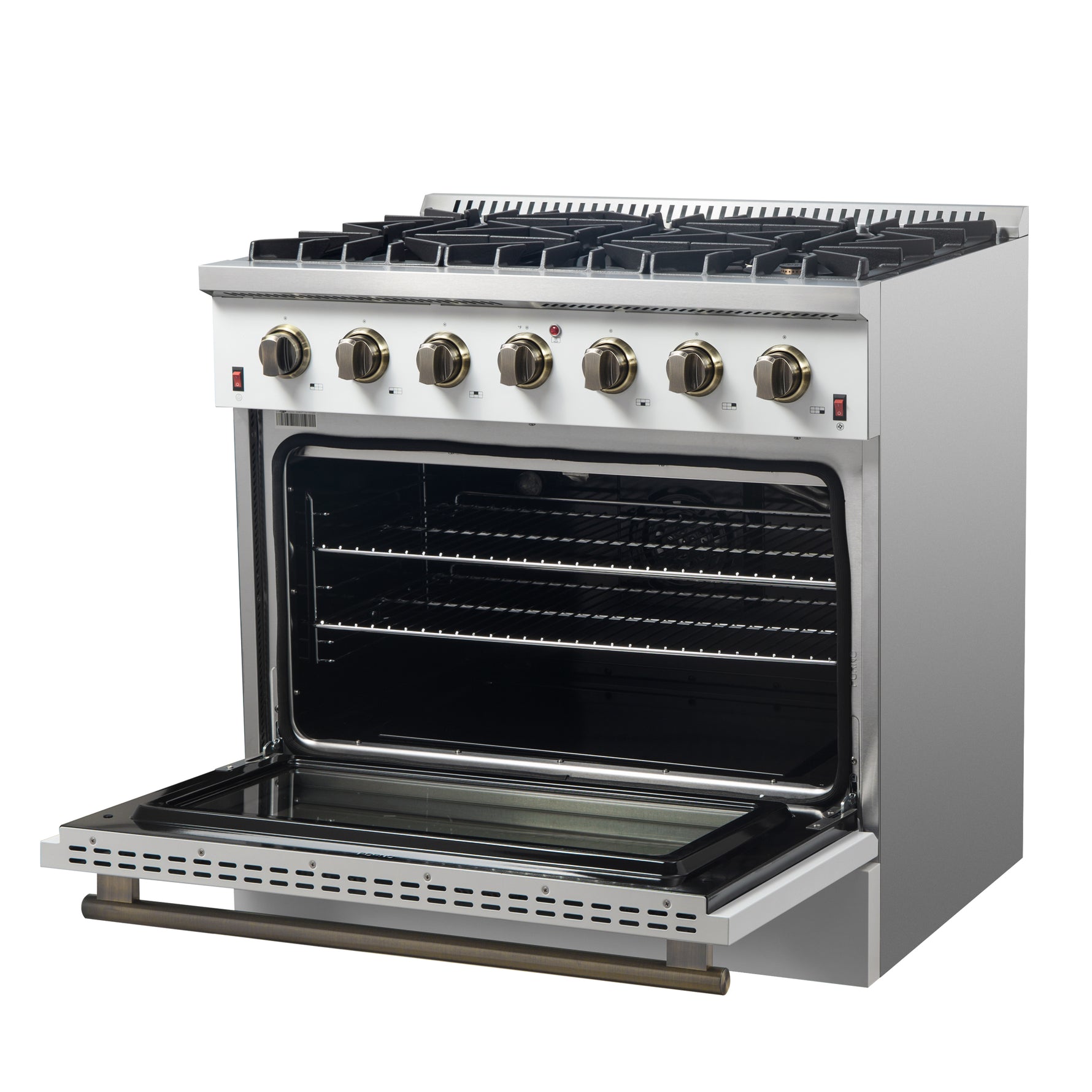 Forno Galiano 36-inch Freestanding Gas Range in White with Antique Brass Design, 6 Burners, 83,000 BTU, 5.36 cu.ft. Convection Oven - BonPrix Électroménagers