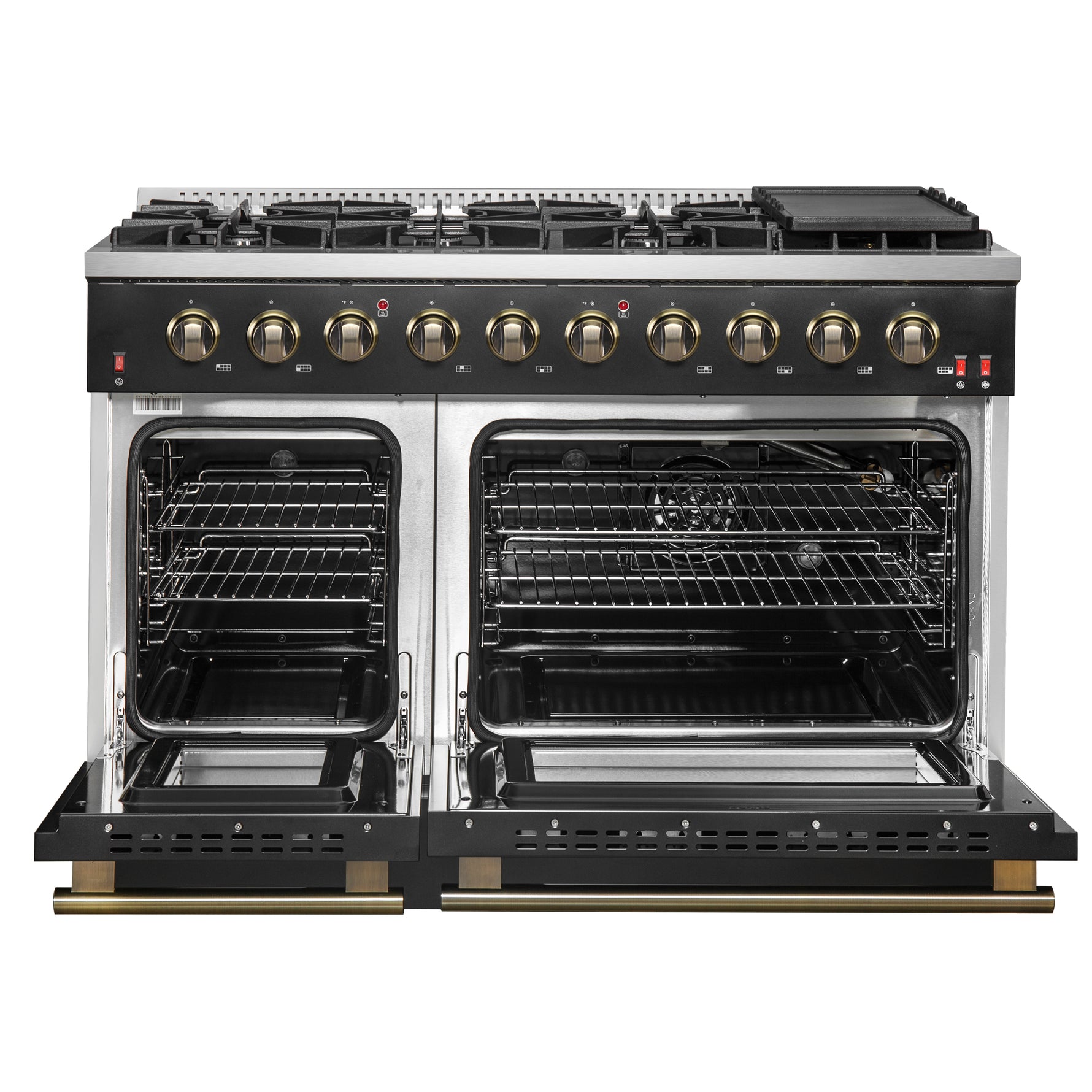 FORNO Galiano 48-inch Gas Range Black & Antique Brass Design, 8 Burners, 107,000 BTU, Griddle, 6.58 cu.ft. Double Ovens - BonPrix Électroménagers