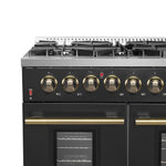 FORNO Galiano 48-inch Gas Range Black & Antique Brass Design, 8 Burners, 107,000 BTU, Griddle, 6.58 cu.ft. Double Ovens - BonPrix Électroménagers