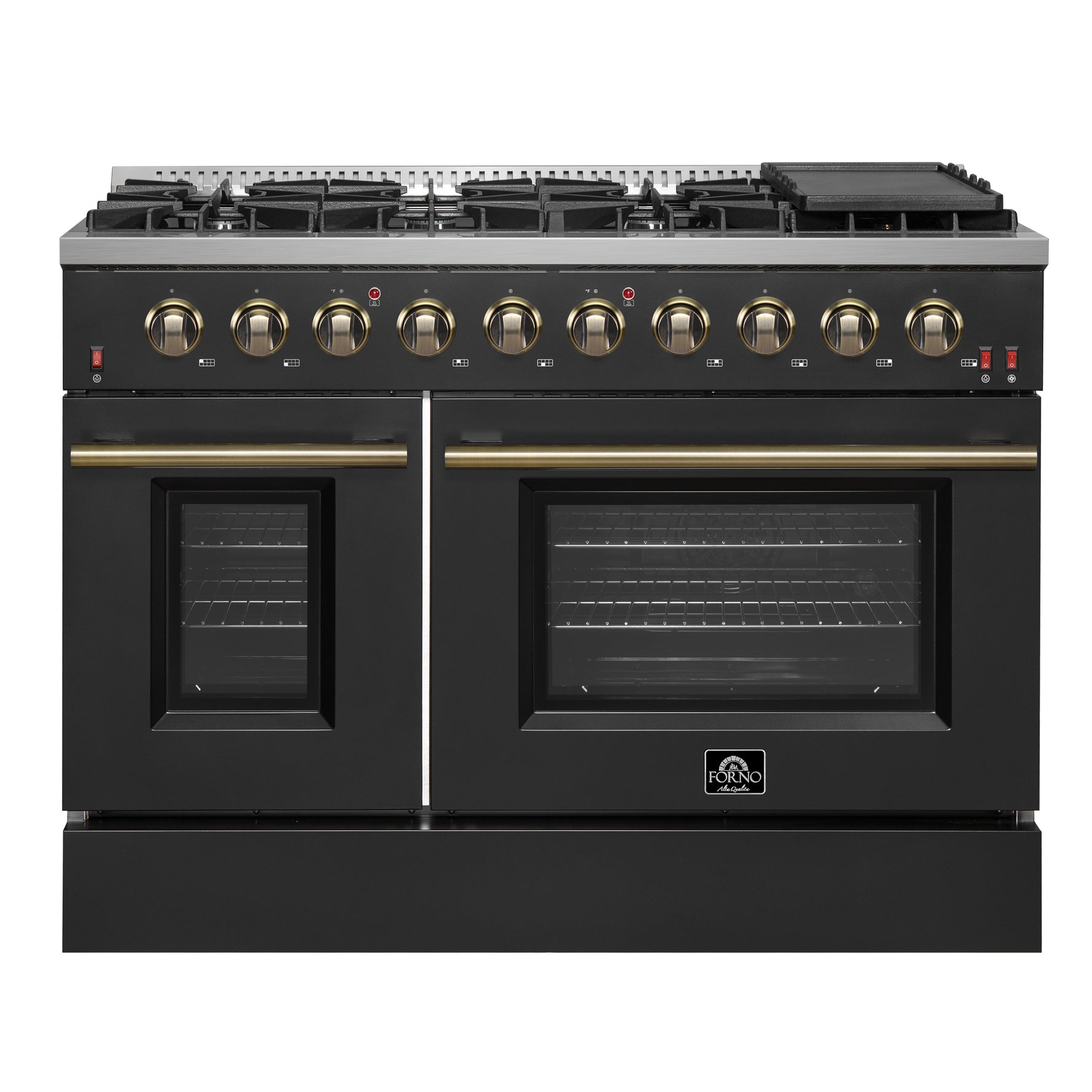 FORNO Galiano 48-inch Gas Range Black & Antique Brass Design, 8 Burners, 107,000 BTU, Griddle, 6.58 cu.ft. Double Ovens - BonPrix Électroménagers