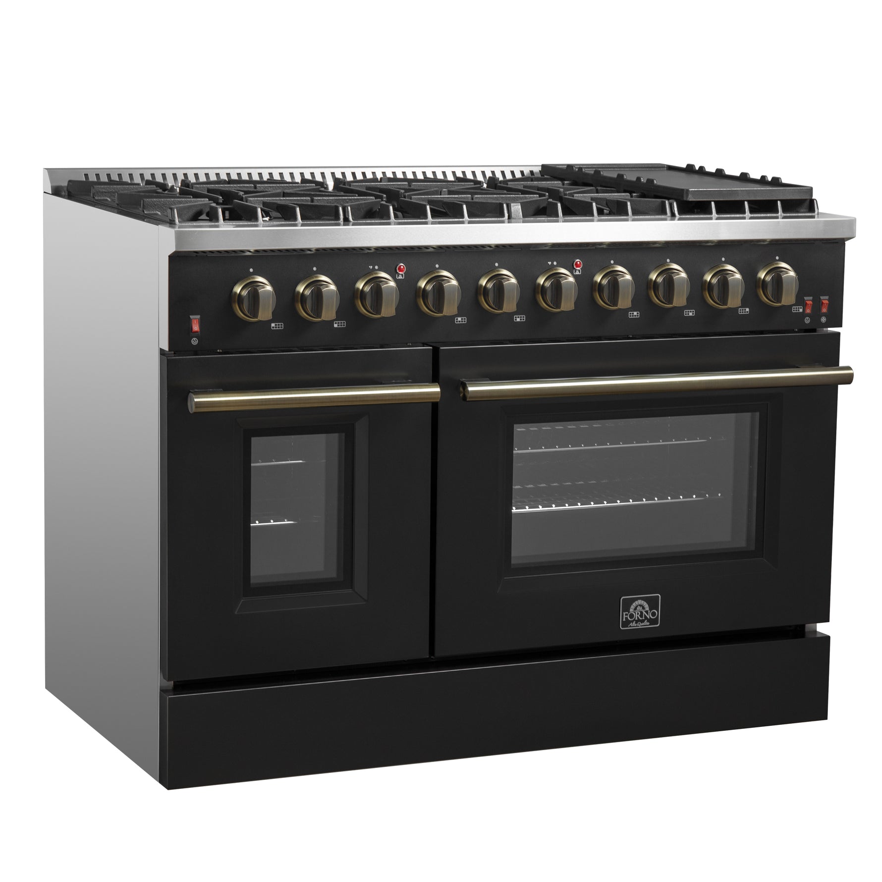 FORNO Galiano 48-inch Gas Range Black & Antique Brass Design, 8 Burners, 107,000 BTU, Griddle, 6.58 cu.ft. Double Ovens - BonPrix Électroménagers