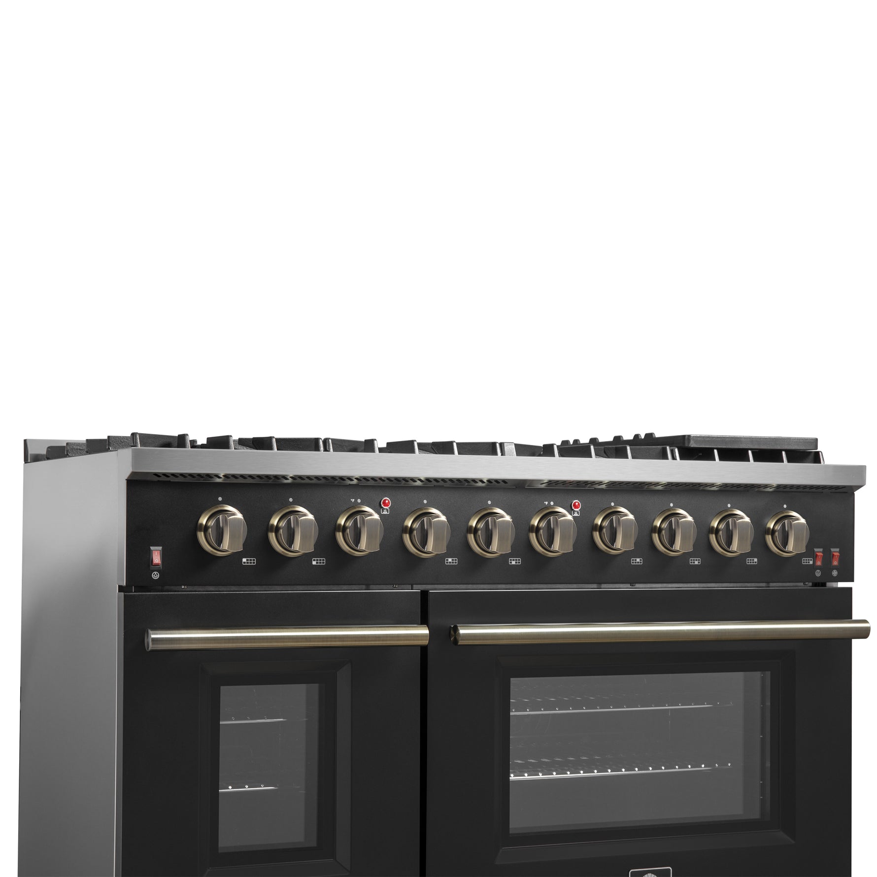 FORNO Galiano 48-inch Gas Range Black & Antique Brass Design, 8 Burners, 107,000 BTU, Griddle, 6.58 cu.ft. Double Ovens - BonPrix Électroménagers