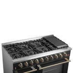 FORNO Galiano 48-inch Gas Range Black & Antique Brass Design, 8 Burners, 107,000 BTU, Griddle, 6.58 cu.ft. Double Ovens - BonPrix Électroménagers