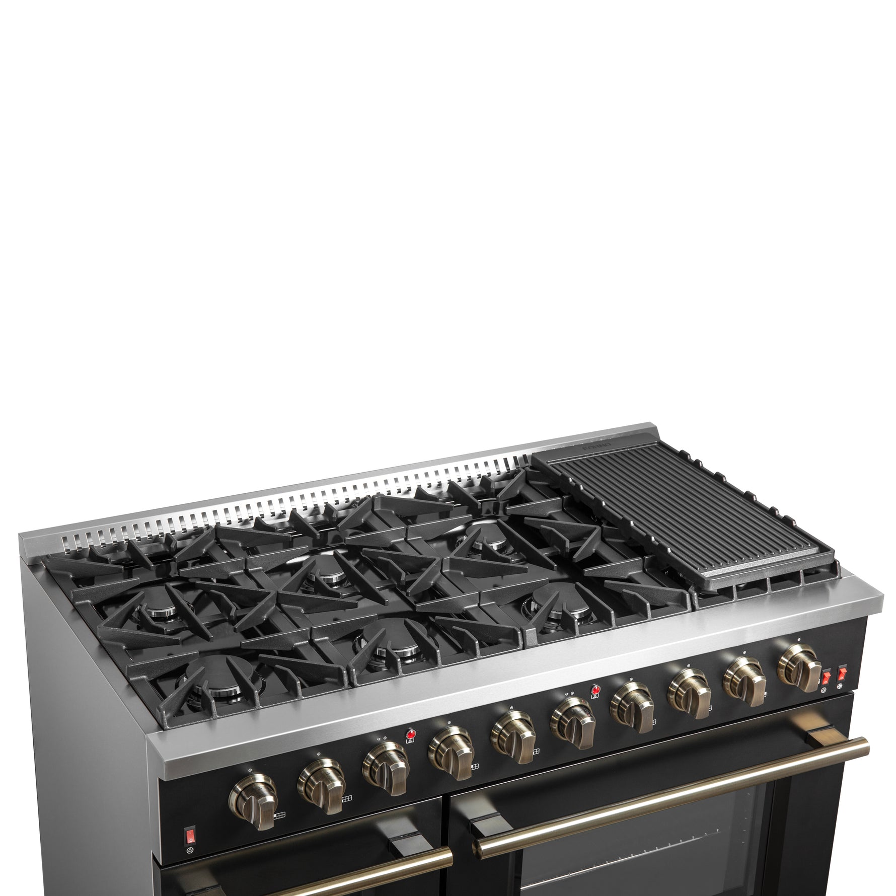 FORNO Galiano 48-inch Gas Range Black & Antique Brass Design, 8 Burners, 107,000 BTU, Griddle, 6.58 cu.ft. Double Ovens - BonPrix Électroménagers