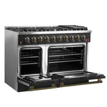 FORNO Galiano 48-inch Gas Range Black & Antique Brass Design, 8 Burners, 107,000 BTU, Griddle, 6.58 cu.ft. Double Ovens - BonPrix Électroménagers