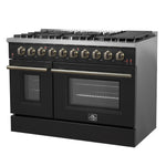 FORNO Galiano 48-inch Gas Range Black & Antique Brass Design, 8 Burners, 107,000 BTU, Griddle, 6.58 cu.ft. Double Ovens - BonPrix Électroménagers