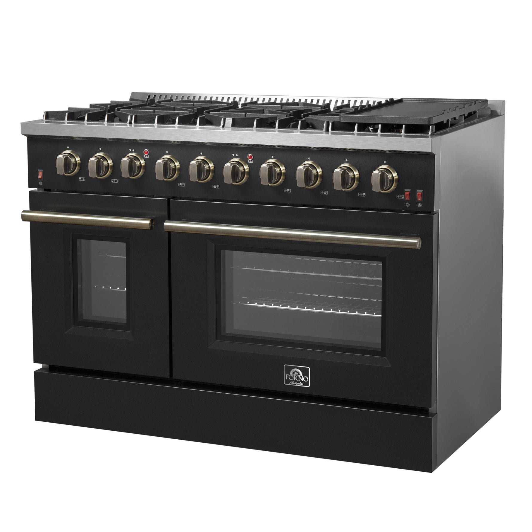 FORNO Galiano 48-inch Gas Range Black & Antique Brass Design, 8 Burners, 107,000 BTU, Griddle, 6.58 cu.ft. Double Ovens - BonPrix Électroménagers