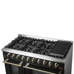FORNO Galiano 48-inch Gas Range Black & Antique Brass Design, 8 Burners, 107,000 BTU, Griddle, 6.58 cu.ft. Double Ovens - BonPrix Électroménagers