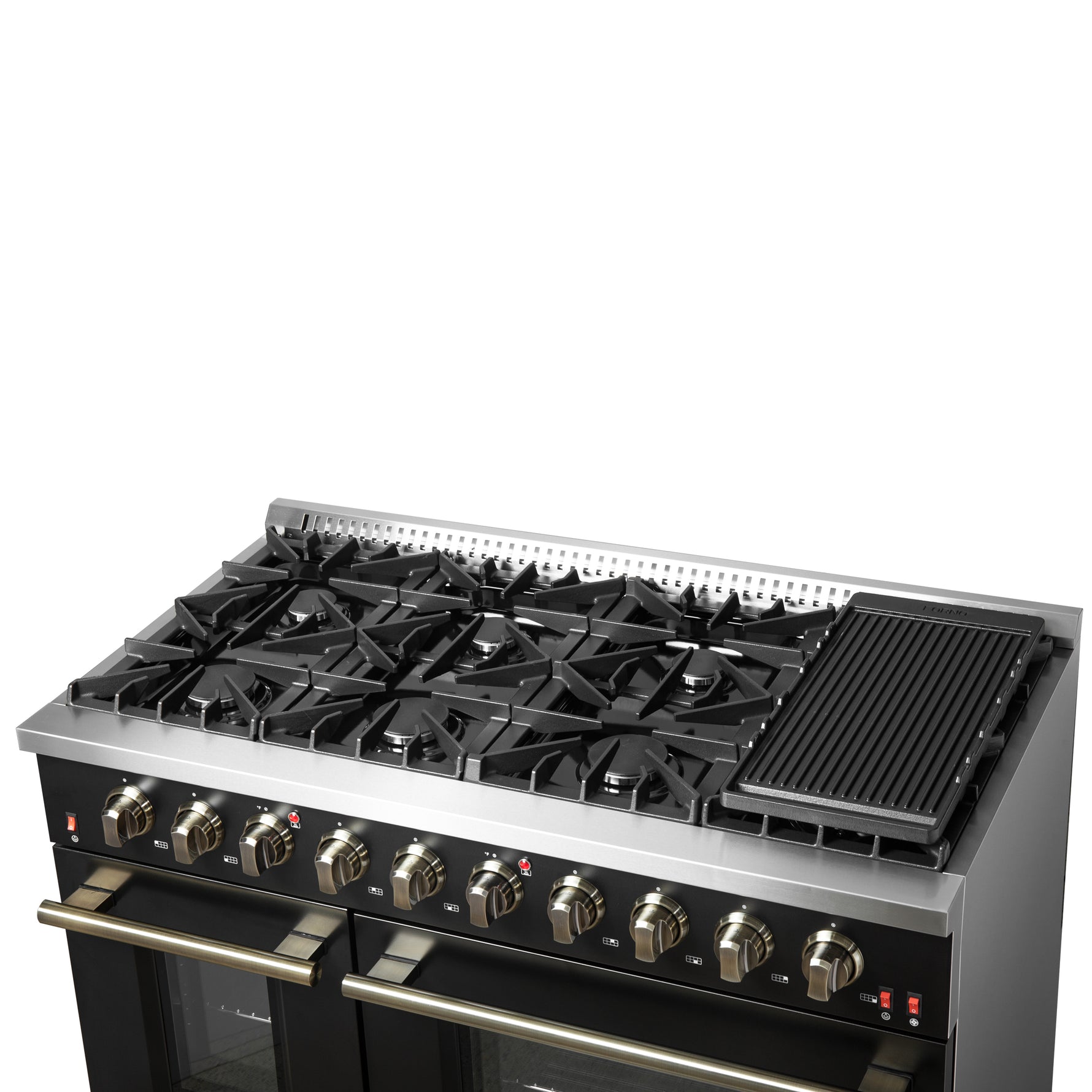 FORNO Galiano 48-inch Gas Range Black & Antique Brass Design, 8 Burners, 107,000 BTU, Griddle, 6.58 cu.ft. Double Ovens - BonPrix Électroménagers