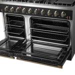 FORNO Galiano 48-inch Gas Range Black & Antique Brass Design, 8 Burners, 107,000 BTU, Griddle, 6.58 cu.ft. Double Ovens - BonPrix Électroménagers