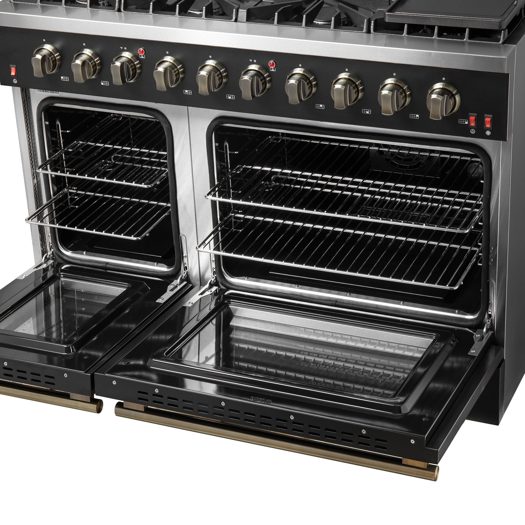 FORNO Galiano 48-inch Gas Range Black & Antique Brass Design, 8 Burners, 107,000 BTU, Griddle, 6.58 cu.ft. Double Ovens - BonPrix Électroménagers
