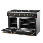 FORNO Galiano 48-inch Gas Range Black & Antique Brass Design, 8 Burners, 107,000 BTU, Griddle, 6.58 cu.ft. Double Ovens - BonPrix Électroménagers
