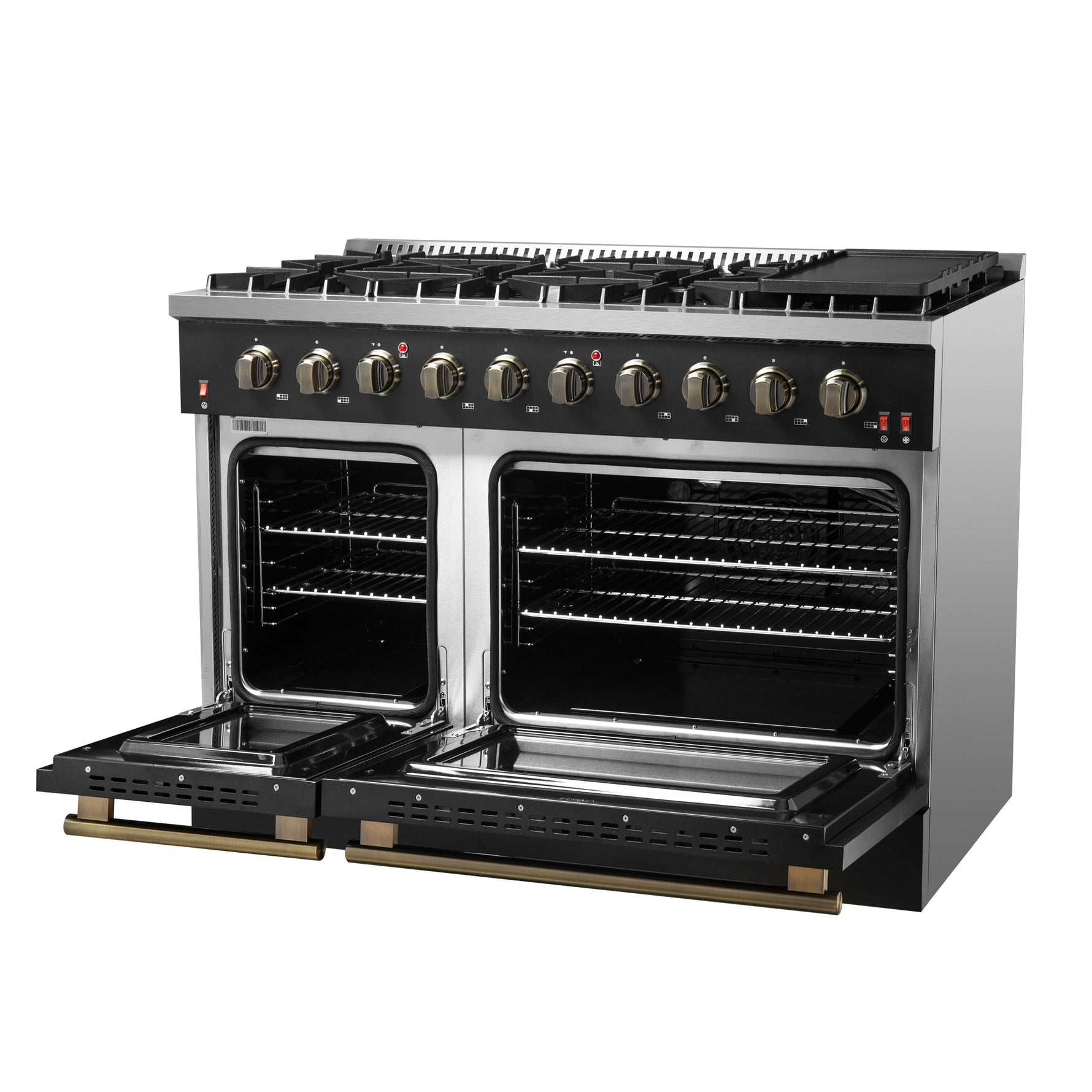 FORNO Galiano 48-inch Gas Range Black & Antique Brass Design, 8 Burners, 107,000 BTU, Griddle, 6.58 cu.ft. Double Ovens - BonPrix Électroménagers
