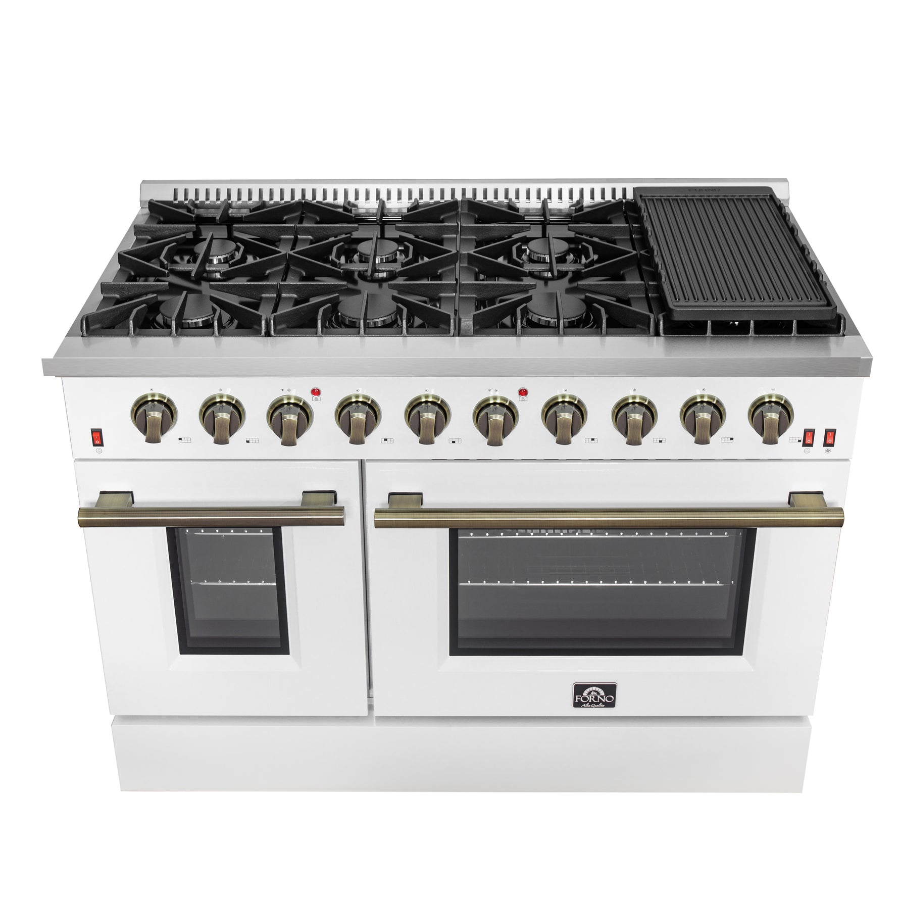 FORNO Galiano 48-inch Gas Range White & Antique Brass Design, 8 Burners, 107,000 BTU, Griddle, 6.58 cu.ft. Double Ovens - BonPrix Électroménagers