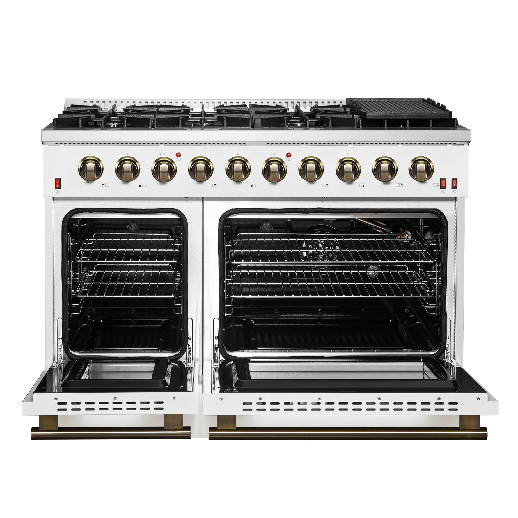 FORNO Galiano 48-inch Gas Range White & Antique Brass Design, 8 Burners, 107,000 BTU, Griddle, 6.58 cu.ft. Double Ovens - BonPrix Électroménagers