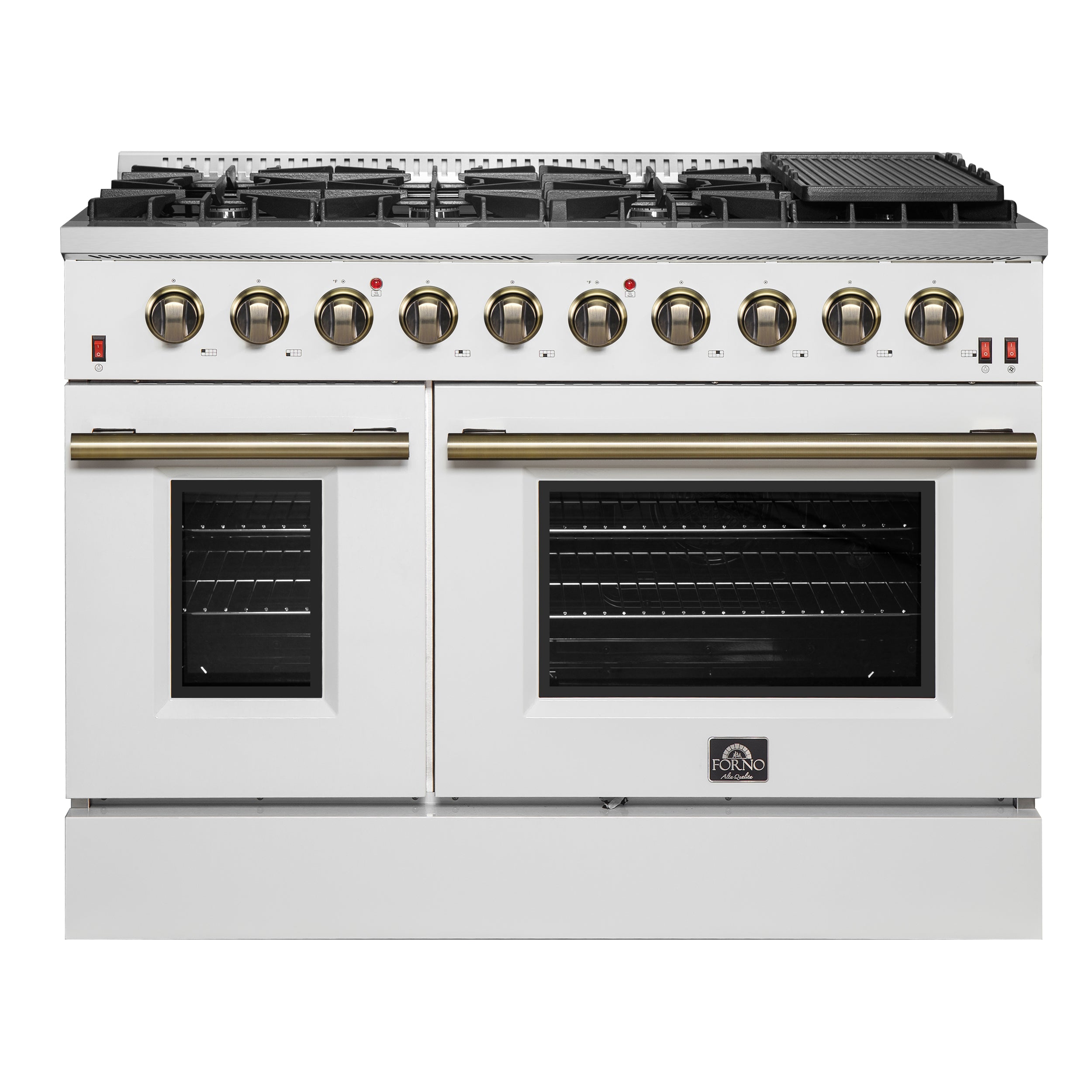 FORNO Galiano 48-inch Gas Range White & Antique Brass Design, 8 Burners, 107,000 BTU, Griddle, 6.58 cu.ft. Double Ovens - BonPrix Électroménagers