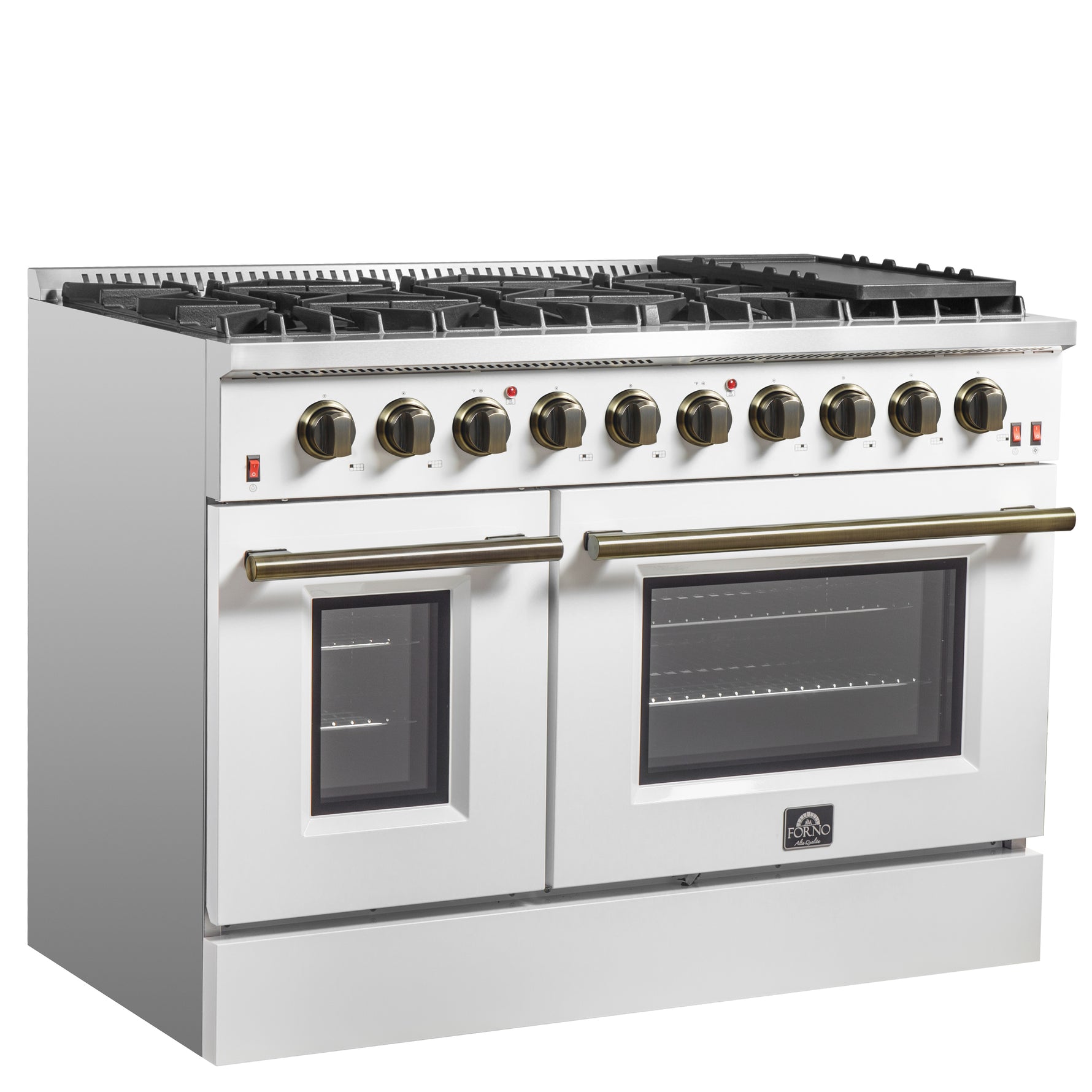 FORNO Galiano 48-inch Gas Range White & Antique Brass Design, 8 Burners, 107,000 BTU, Griddle, 6.58 cu.ft. Double Ovens - BonPrix Électroménagers