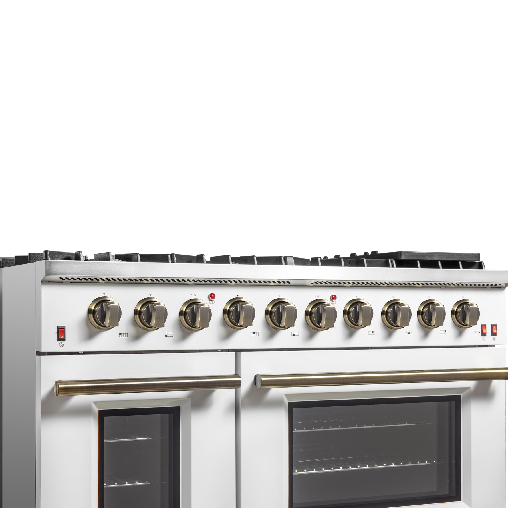 FORNO Galiano 48-inch Gas Range White & Antique Brass Design, 8 Burners, 107,000 BTU, Griddle, 6.58 cu.ft. Double Ovens - BonPrix Électroménagers