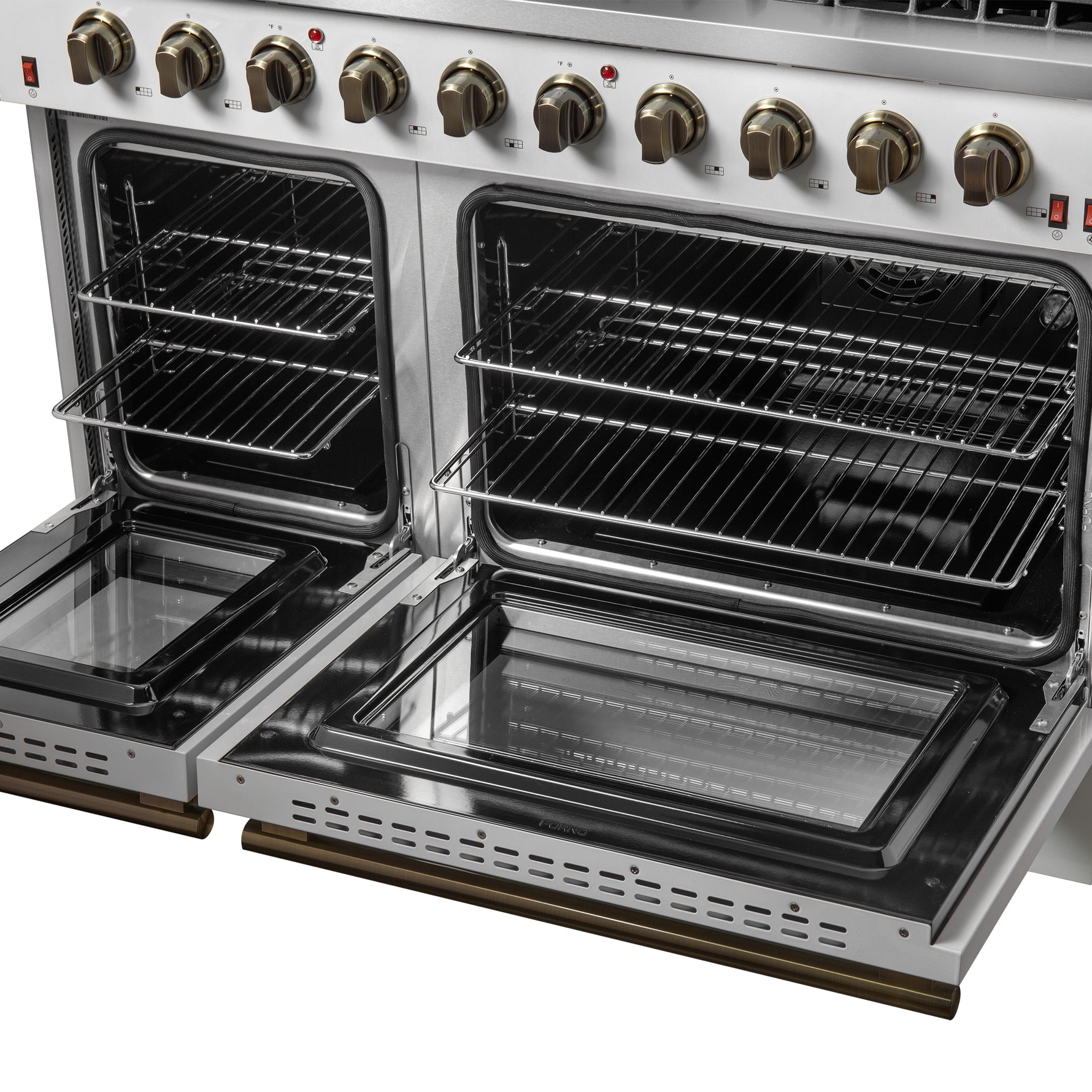 FORNO Galiano 48-inch Gas Range White & Antique Brass Design, 8 Burners, 107,000 BTU, Griddle, 6.58 cu.ft. Double Ovens - BonPrix Électroménagers