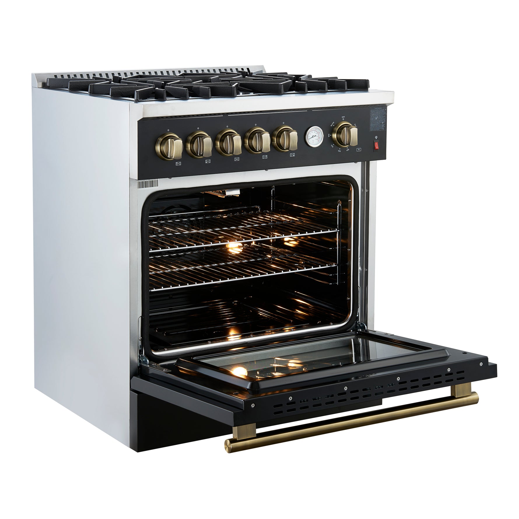 Giovanni 30-inch Gas Range Black & Antique Brass Design, 5 Burners 67,000 BTU, 4.32 cu.ft. Convection Oven - BonPrix Électroménagers