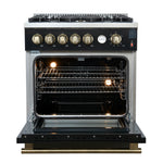 Giovanni 30-inch Gas Range Black & Antique Brass Design, 5 Burners 67,000 BTU, 4.32 cu.ft. Convection Oven - BonPrix Électroménagers