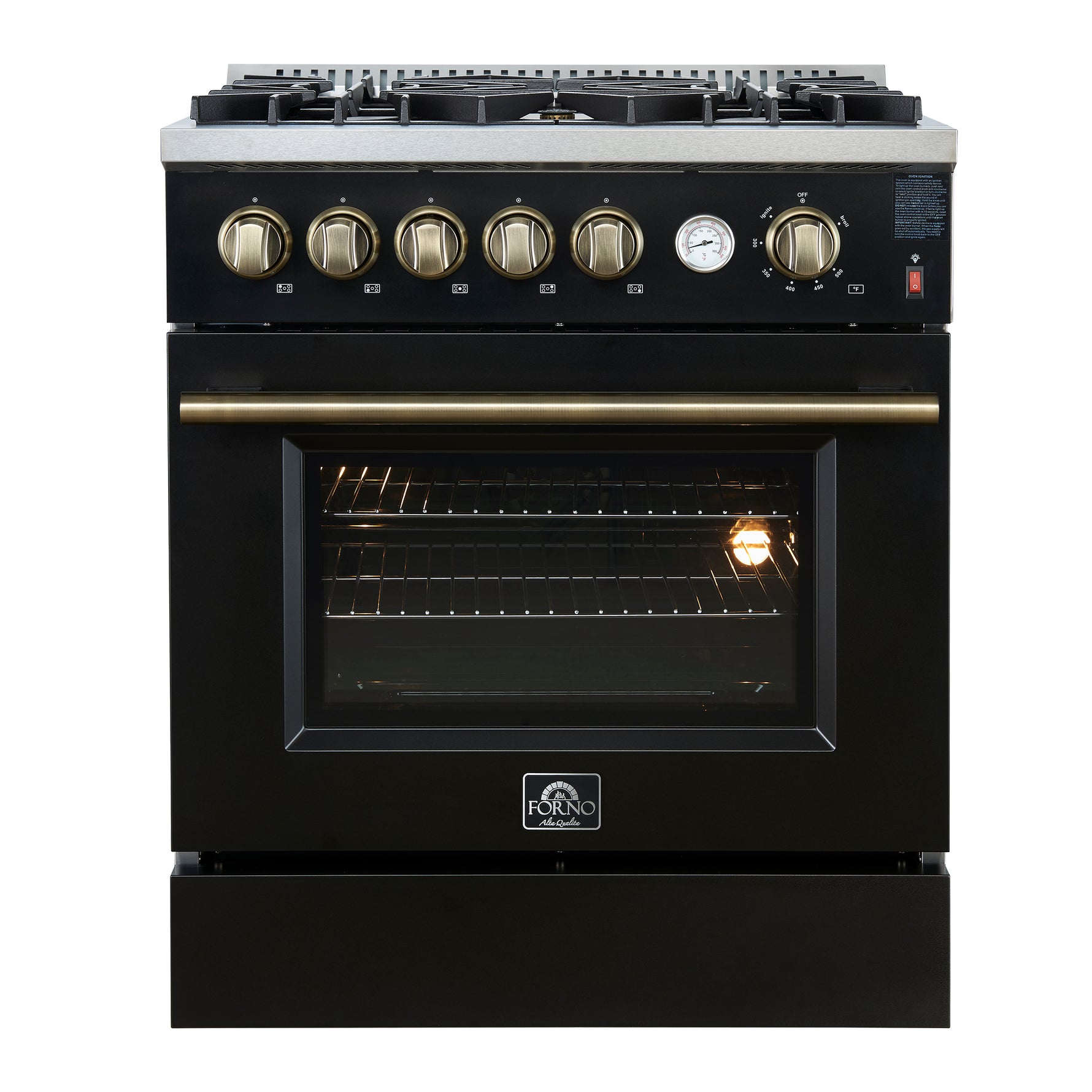 Giovanni 30-inch Gas Range Black & Antique Brass Design, 5 Burners 67,000 BTU, 4.32 cu.ft. Convection Oven - BonPrix Électroménagers