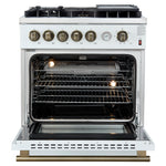 Giovanni 30-inch Gas Range White & Antique Brass Design, 5 Burners 67,000 BTU, 4.32 cu.ft. Convection Oven - BonPrix Électroménagers
