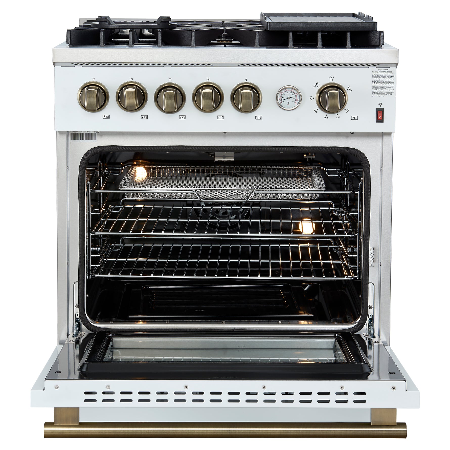 Giovanni 30-inch Gas Range White & Antique Brass Design, 5 Burners 67,000 BTU, 4.32 cu.ft. Convection Oven - BonPrix Électroménagers