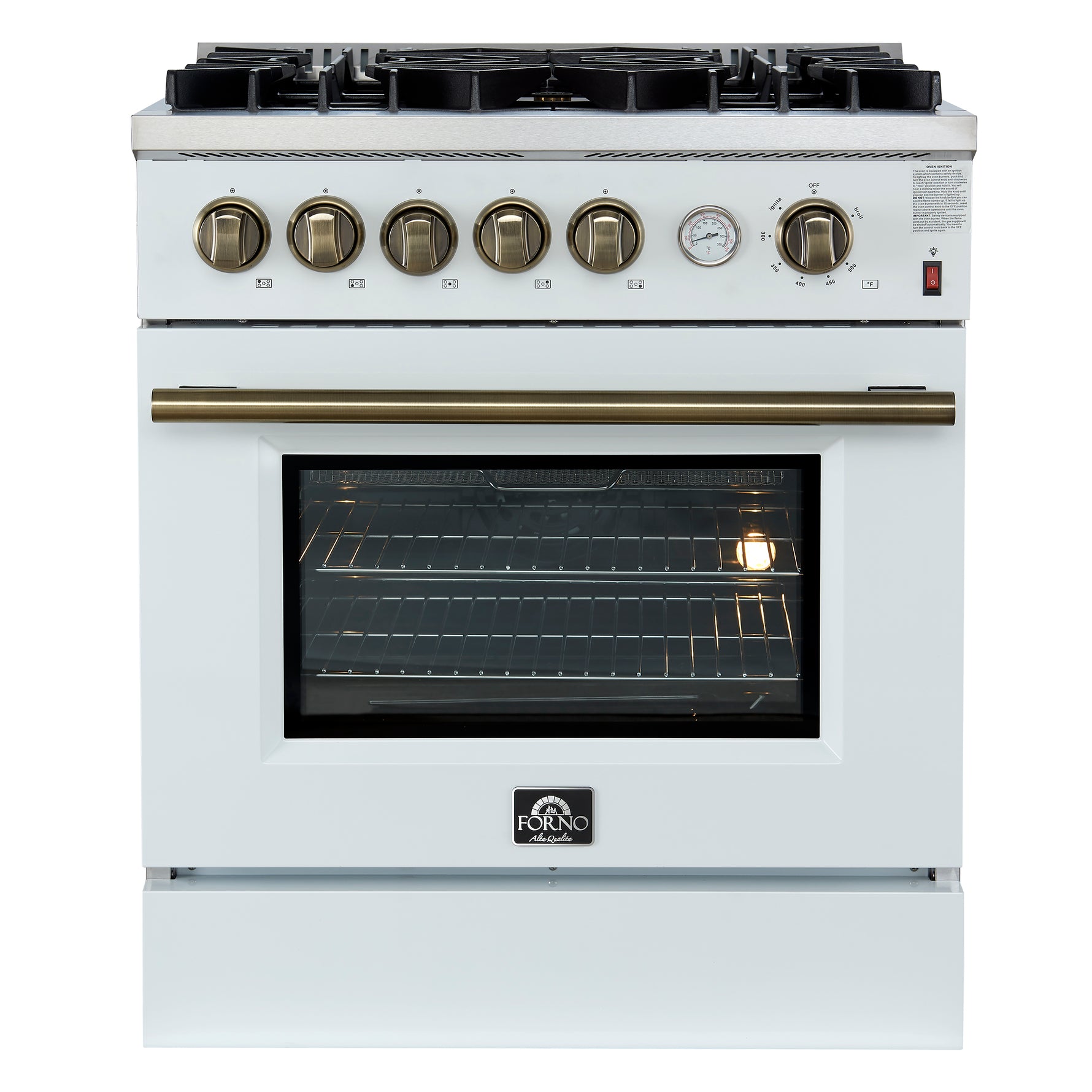 Giovanni 30-inch Gas Range White & Antique Brass Design, 5 Burners 67,000 BTU, 4.32 cu.ft. Convection Oven - BonPrix Électroménagers