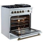 Giovanni 30-inch Gas Range White & Antique Brass Design, 5 Burners 67,000 BTU, 4.32 cu.ft. Convection Oven - BonPrix Électroménagers