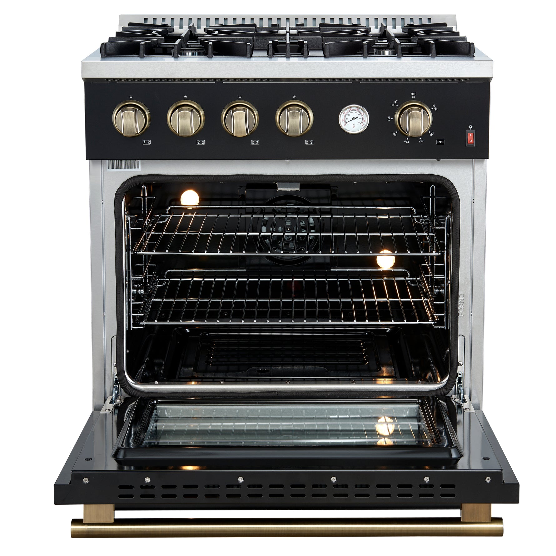 Marco 30-inch Gas Range Black & Antique Brass Design, 4 Burners 37,000 BTU, 4.32 cu.ft. Convection Oven - BonPrix Électroménagers