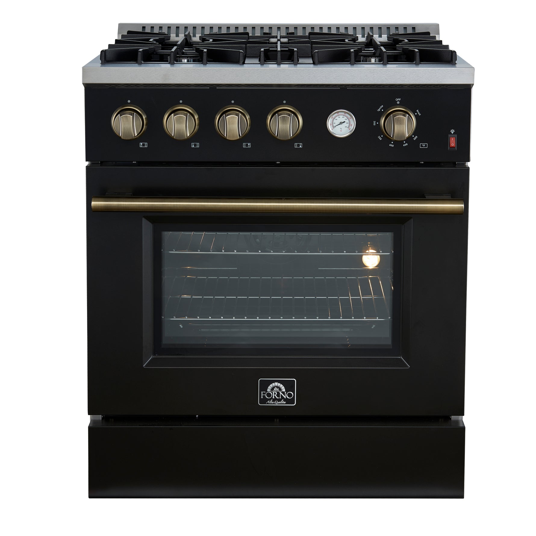 Marco 30-inch Gas Range Black & Antique Brass Design, 4 Burners 37,000 BTU, 4.32 cu.ft. Convection Oven - BonPrix Électroménagers