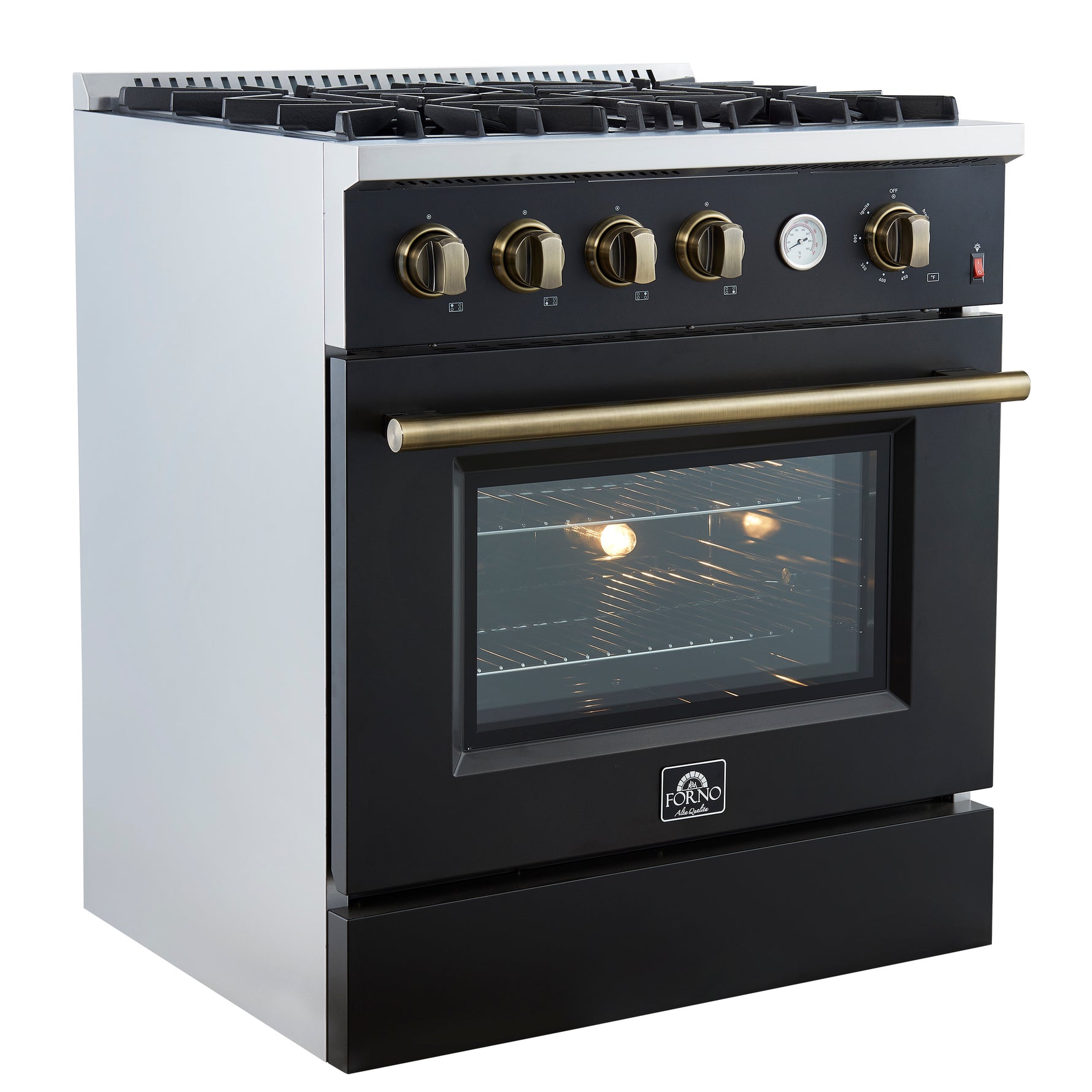 Marco 30-inch Gas Range Black & Antique Brass Design, 4 Burners 37,000 BTU, 4.32 cu.ft. Convection Oven - BonPrix Électroménagers