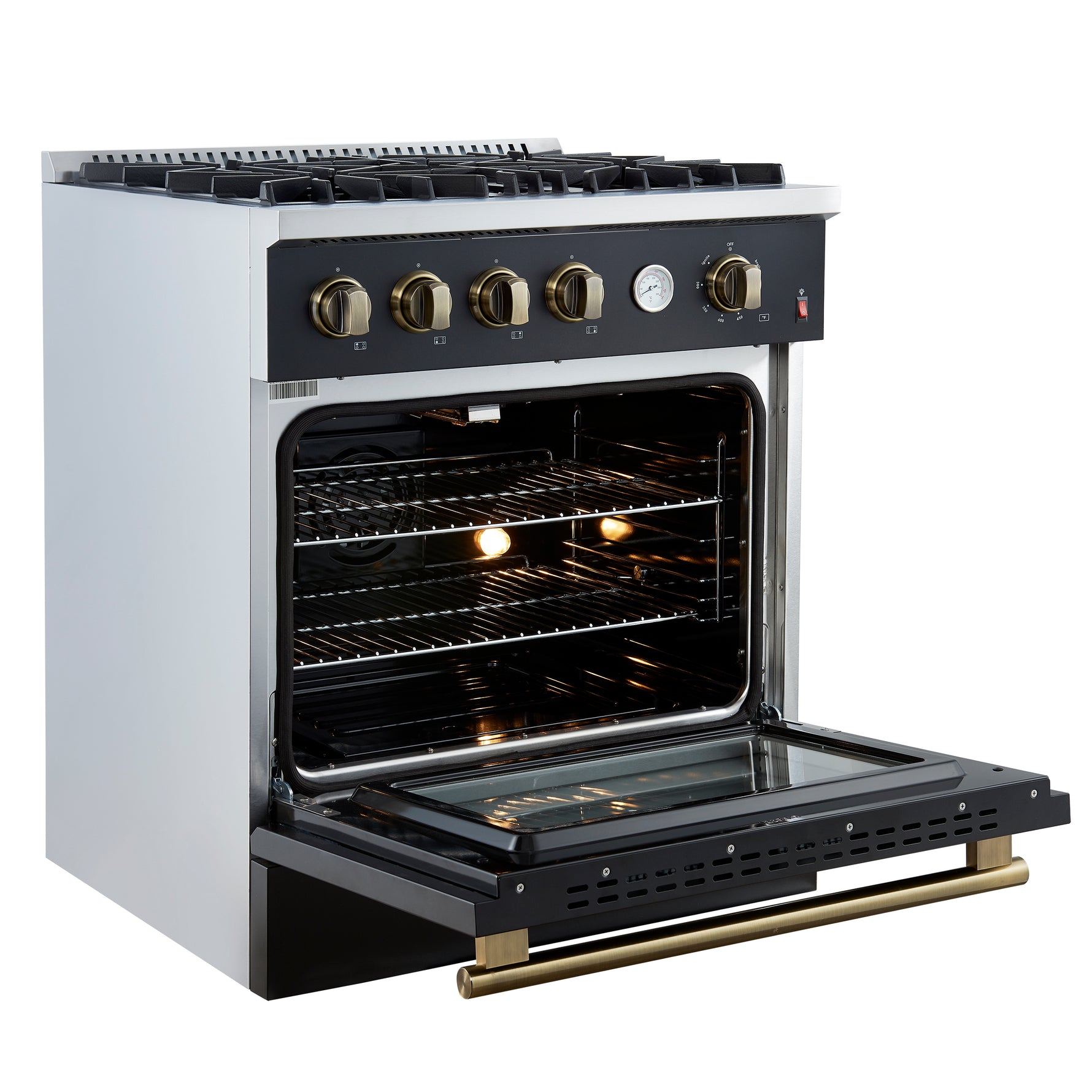 Marco 30-inch Gas Range Black & Antique Brass Design, 4 Burners 37,000 BTU, 4.32 cu.ft. Convection Oven - BonPrix Électroménagers