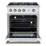 Marco 30-inch Gas Range White & Antique Brass Design, 4 Burners 37,000 BTU, 4.32 cu.ft. Convection Oven - BonPrix Électroménagers
