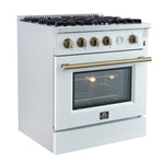 Marco 30-inch Gas Range White & Antique Brass Design, 4 Burners 37,000 BTU, 4.32 cu.ft. Convection Oven - BonPrix Électroménagers