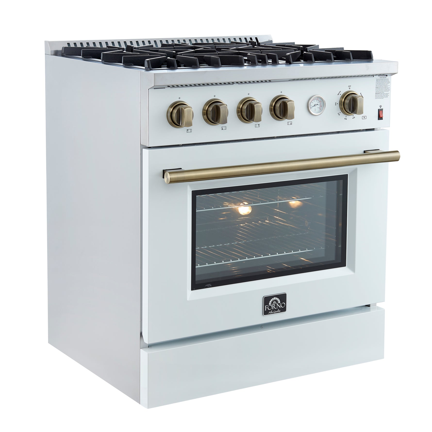Marco 30-inch Gas Range White & Antique Brass Design, 4 Burners 37,000 BTU, 4.32 cu.ft. Convection Oven - BonPrix Électroménagers