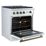 Marco 30-inch Gas Range White & Antique Brass Design, 4 Burners 37,000 BTU, 4.32 cu.ft. Convection Oven - BonPrix Électroménagers