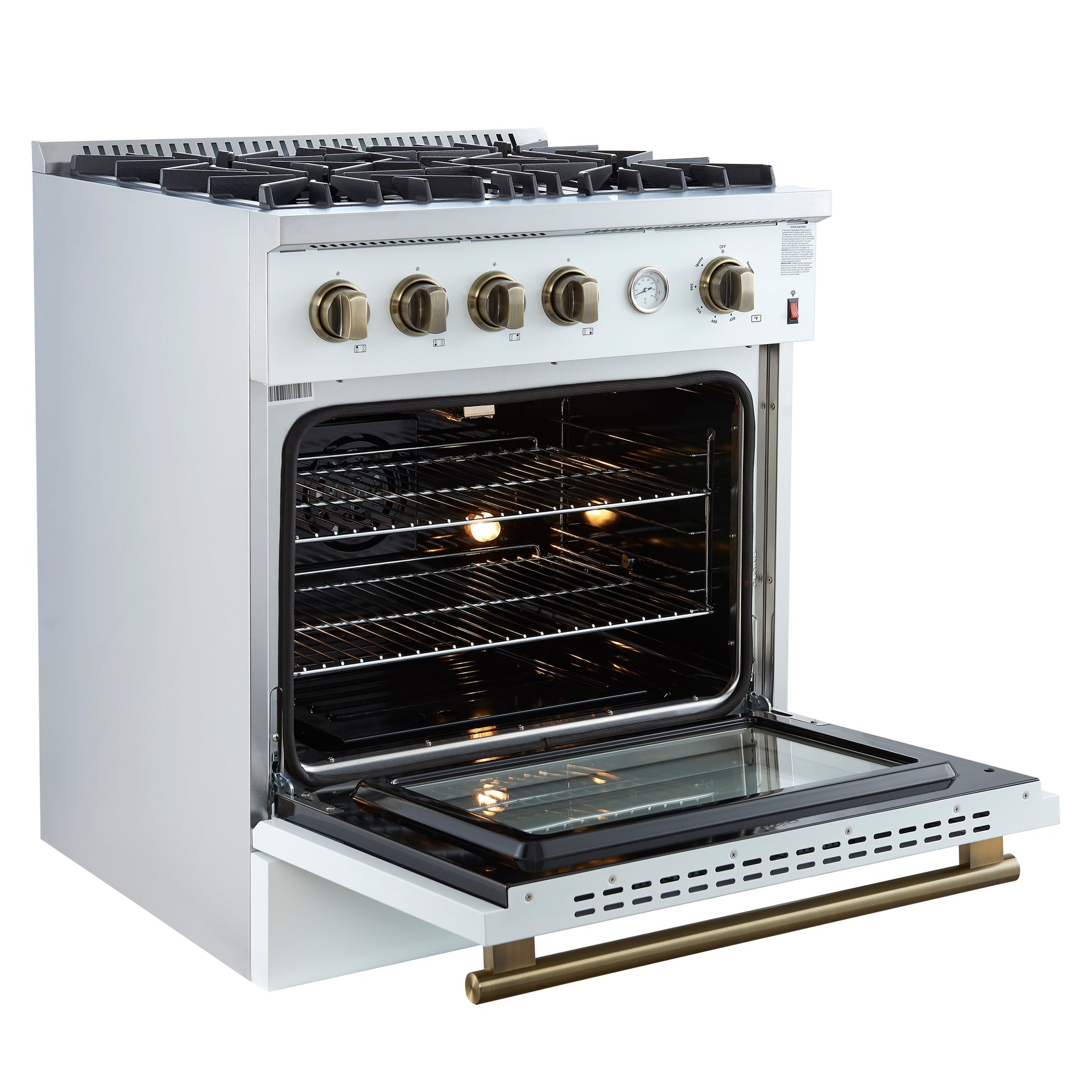 Marco 30-inch Gas Range White & Antique Brass Design, 4 Burners 37,000 BTU, 4.32 cu.ft. Convection Oven - BonPrix Électroménagers