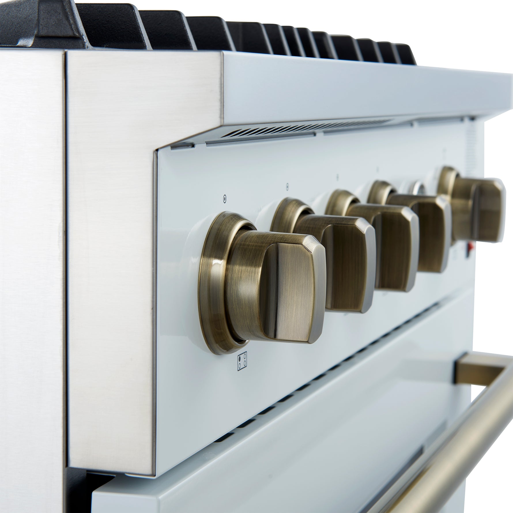 Marco 30-inch Gas Range White & Antique Brass Design, 4 Burners 37,000 BTU, 4.32 cu.ft. Convection Oven - BonPrix Électroménagers