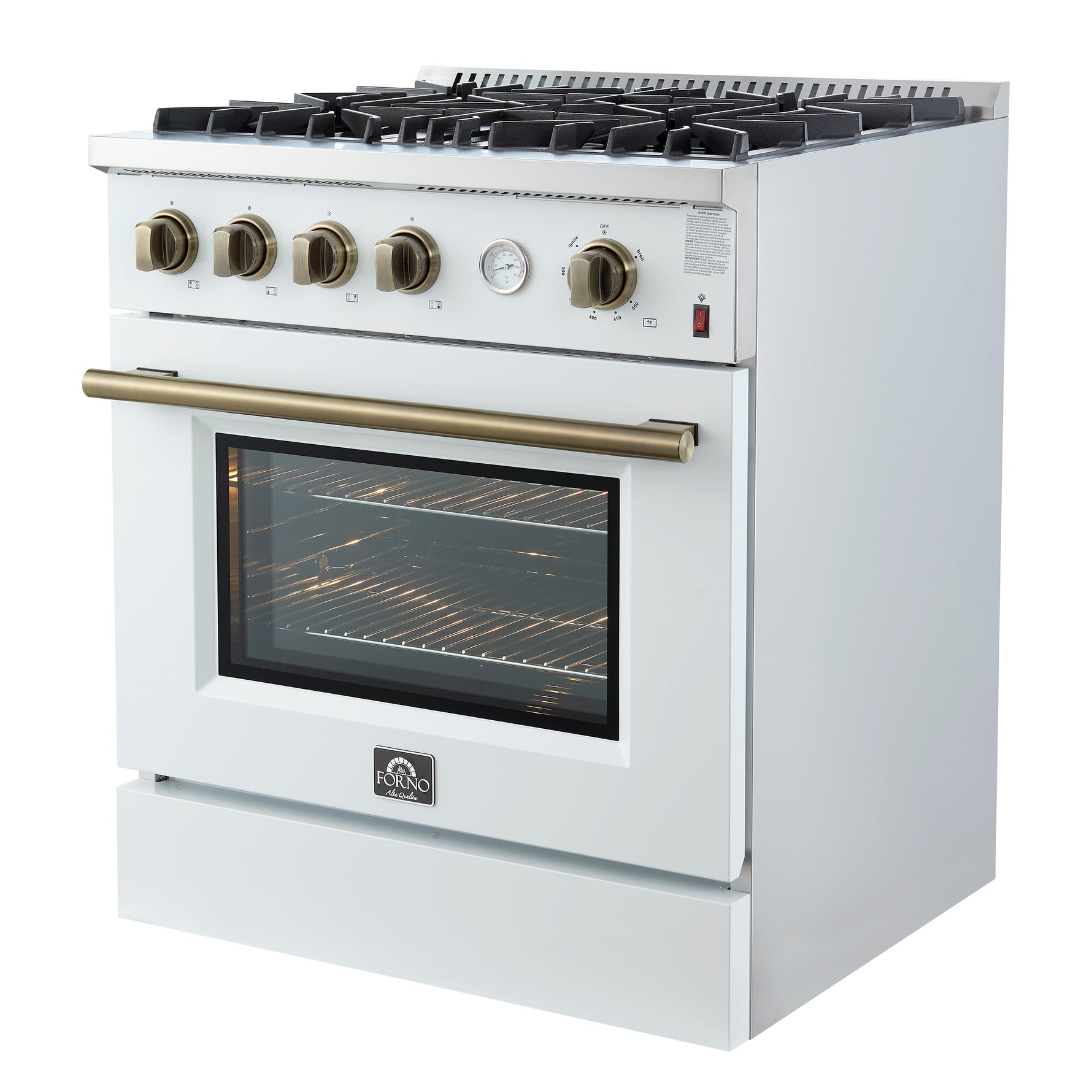 Marco 30-inch Gas Range White & Antique Brass Design, 4 Burners 37,000 BTU, 4.32 cu.ft. Convection Oven - BonPrix Électroménagers