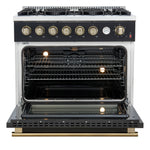 Marco 36-Inch Gas Range Black & Antique Brass Design, 6 Burners 67,000 BTU, 5.36 cu.ft. Convection Oven - BonPrix Électroménagers