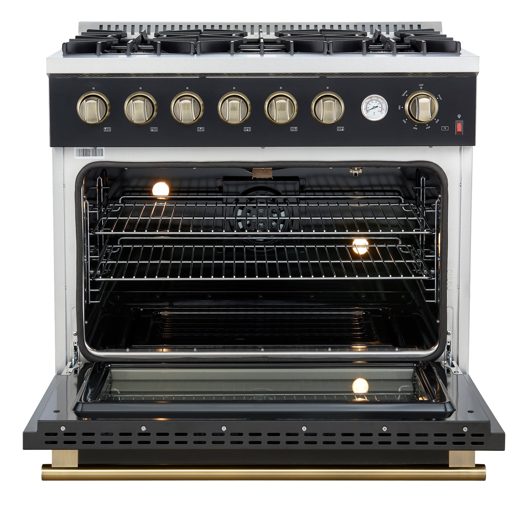 Marco 36-Inch Gas Range Black & Antique Brass Design, 6 Burners 67,000 BTU, 5.36 cu.ft. Convection Oven - BonPrix Électroménagers