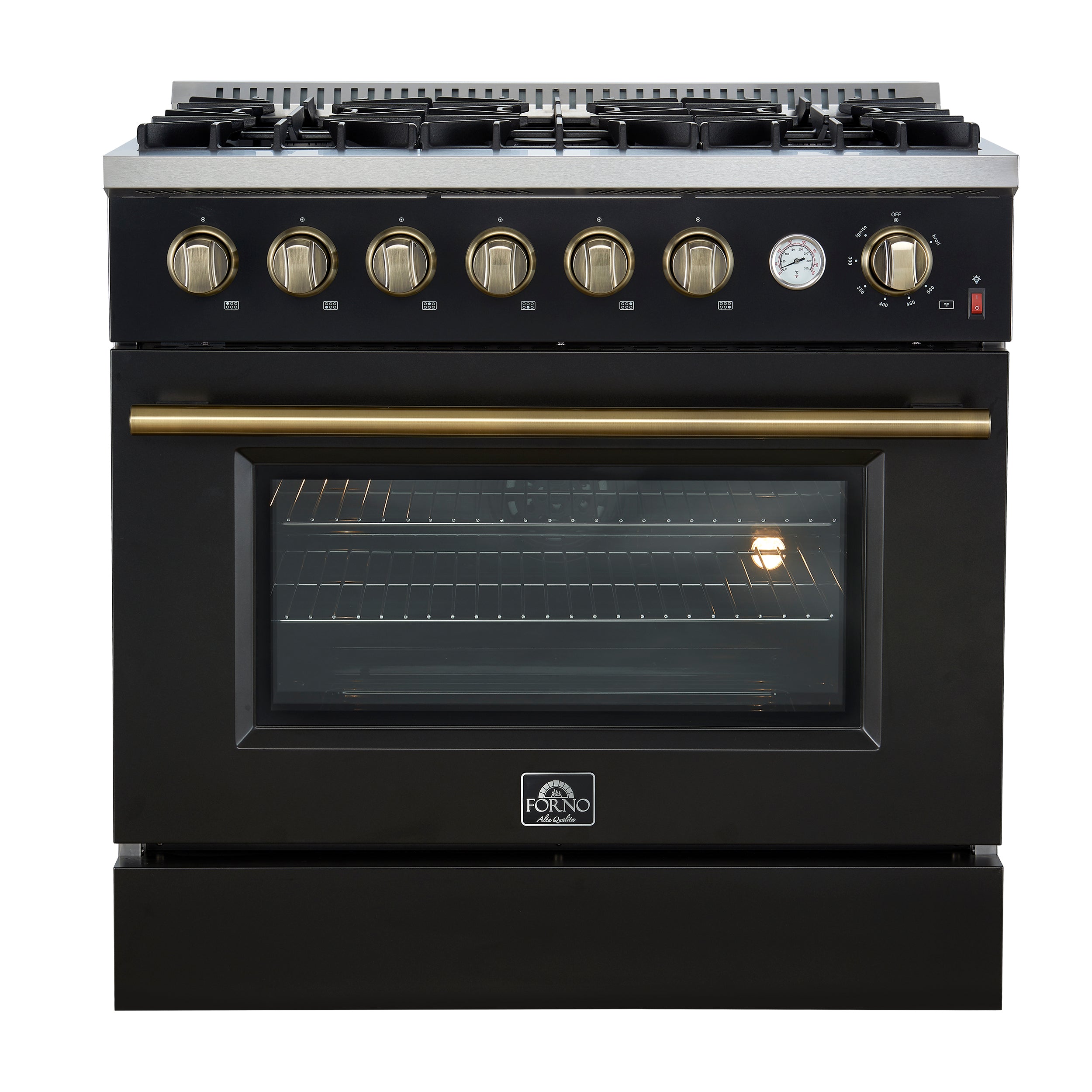 Marco 36-Inch Gas Range Black & Antique Brass Design, 6 Burners 67,000 BTU, 5.36 cu.ft. Convection Oven - BonPrix Électroménagers