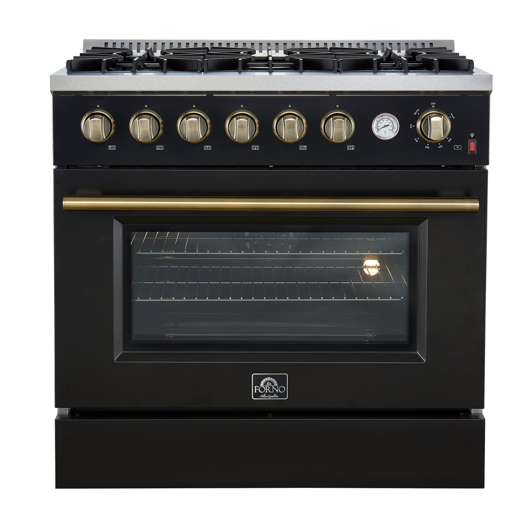 Marco 36-Inch Gas Range Black & Antique Brass Design, 6 Burners 67,000 BTU, 5.36 cu.ft. Convection Oven - BonPrix Électroménagers