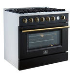 Marco 36-Inch Gas Range Black & Antique Brass Design, 6 Burners 67,000 BTU, 5.36 cu.ft. Convection Oven - BonPrix Électroménagers