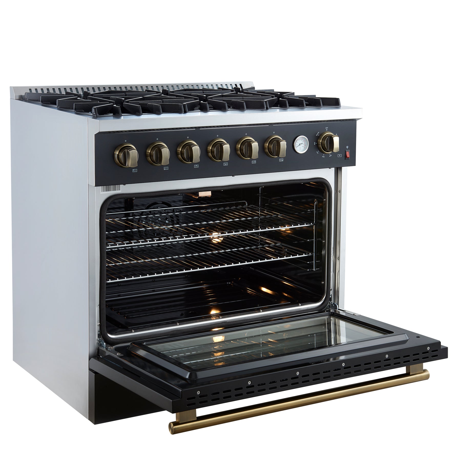 Marco 36-Inch Gas Range Black & Antique Brass Design, 6 Burners 67,000 BTU, 5.36 cu.ft. Convection Oven - BonPrix Électroménagers