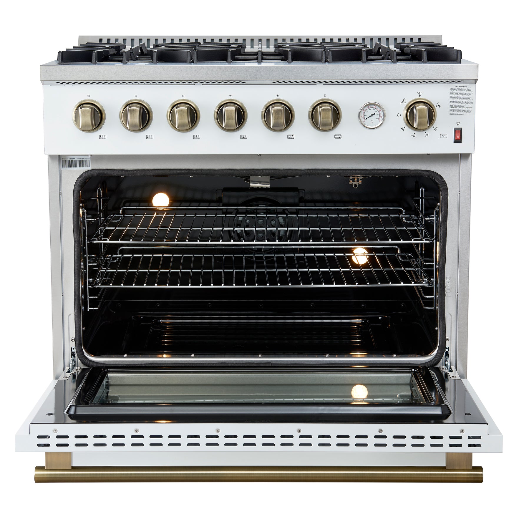 Marco 36-Inch Gas Range White & Antique Brass Design, 6 Burners 67,000 BTU, 5.36 cu.ft. Convection Oven - BonPrix Électroménagers