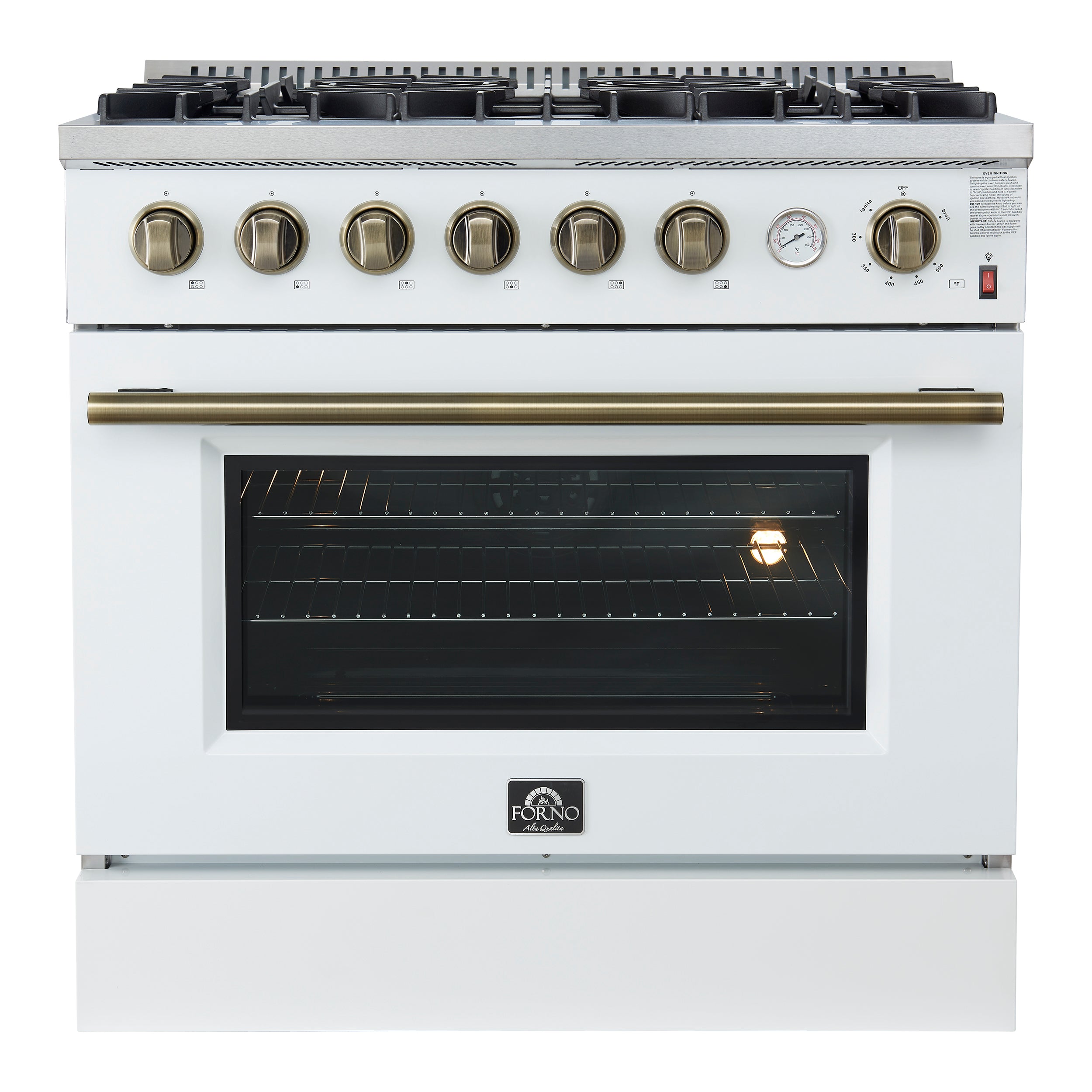 Marco 36-Inch Gas Range White & Antique Brass Design, 6 Burners 67,000 BTU, 5.36 cu.ft. Convection Oven - BonPrix Électroménagers